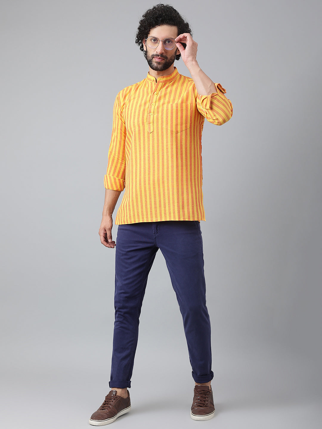 RIAG Yellow Color Long Sleeves Casual Men's Cotton Short Kurta - Distacart