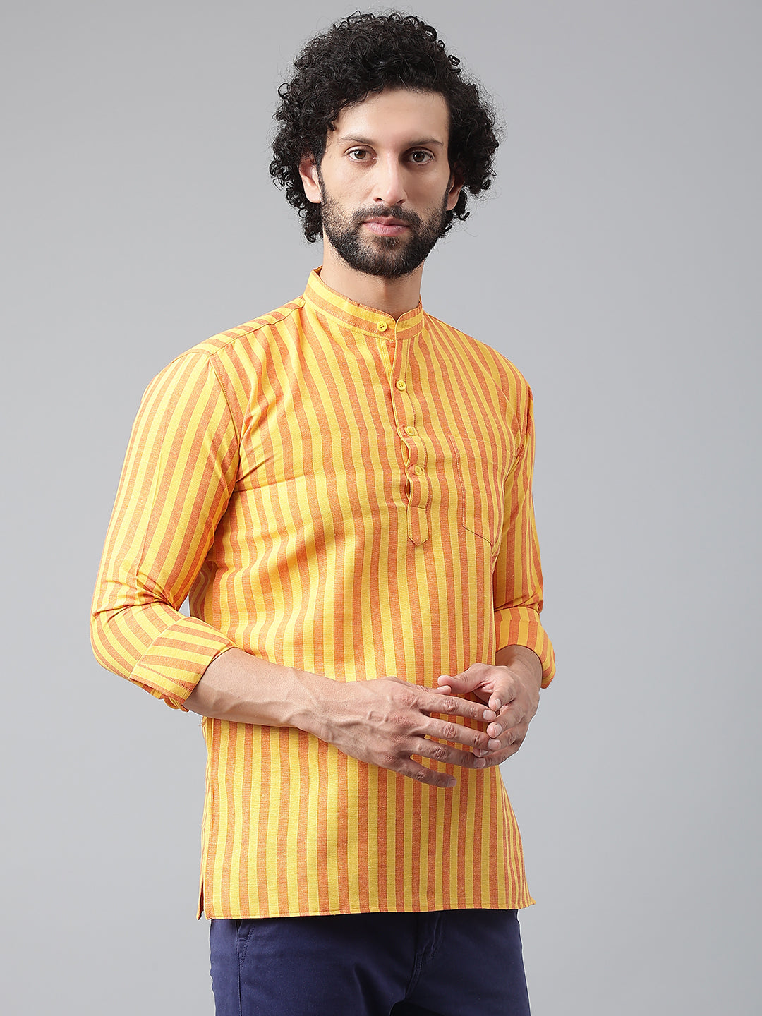 RIAG Yellow Color Long Sleeves Casual Men's Cotton Short Kurta - Distacart