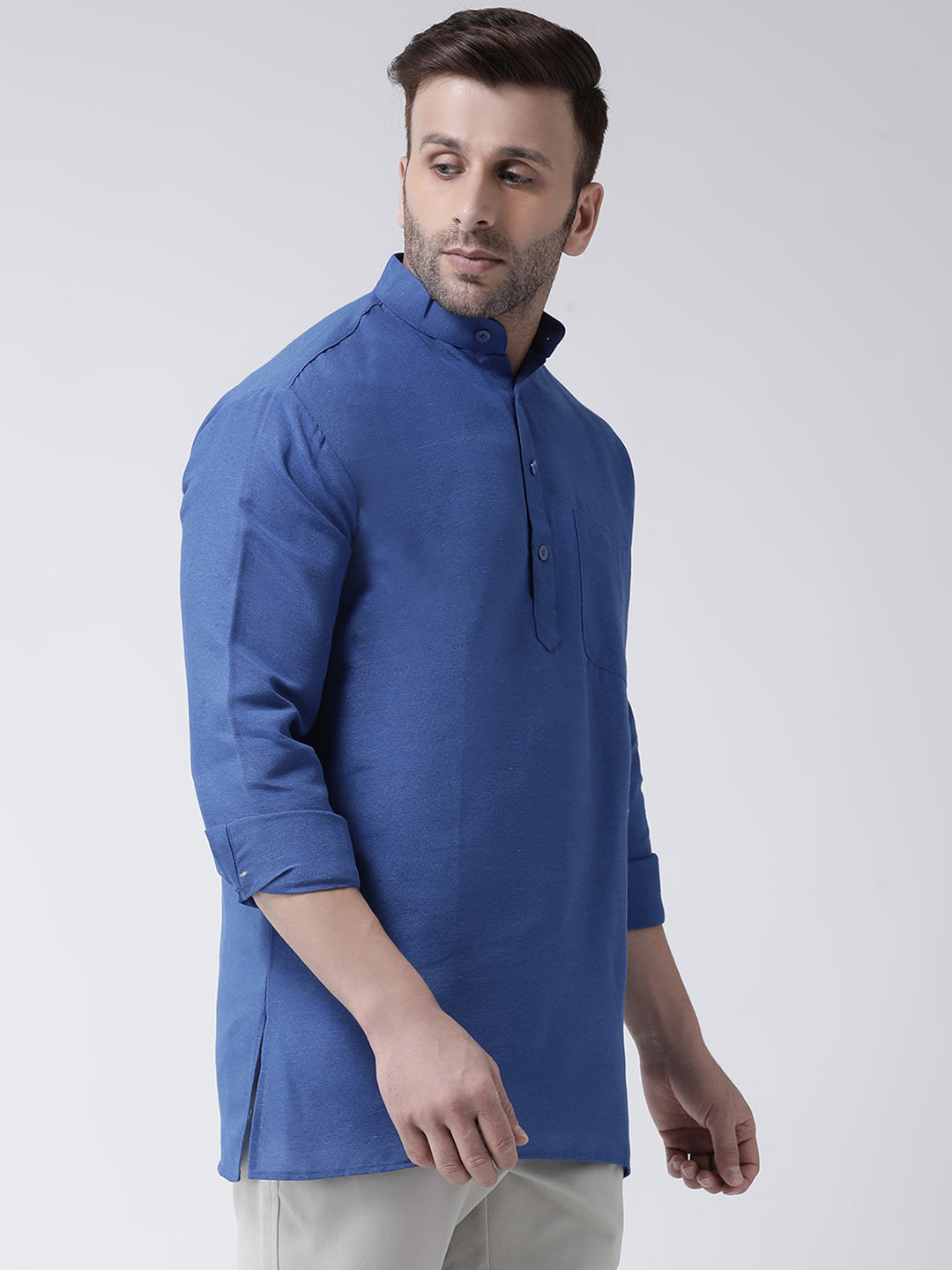 RIAG Navy Blue Color Long Sleeves Men's Cotton Short Kurta - Distacart