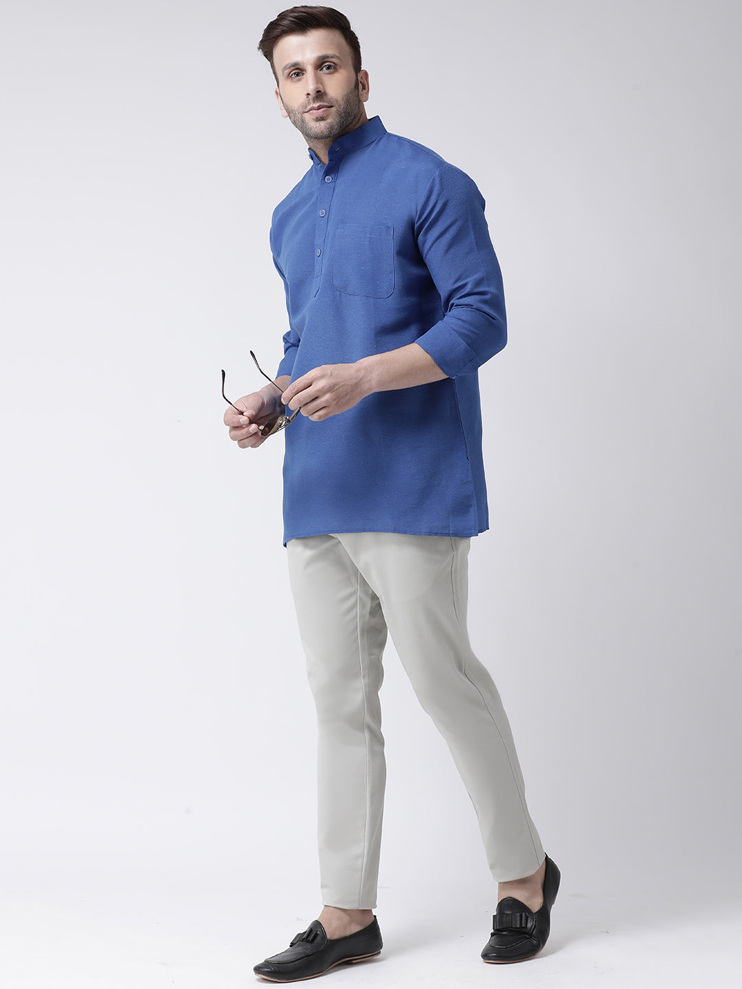 RIAG Navy Blue Color Long Sleeves Men's Cotton Short Kurta - Distacart