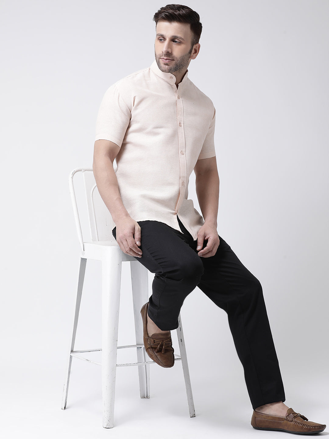 RIAG Beige Men's Chinese Collar Half Sleeves Shirt - Distacart