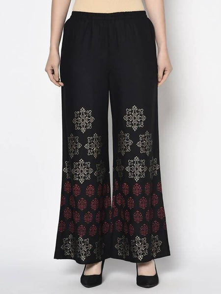 Aniyah Rayon Black Color Block Print Flared Slip-On Palazzo (AN-188K)