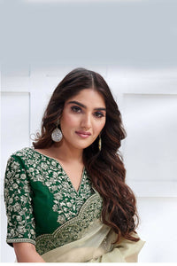 Thumbnail for Green Net Organza Georgette Cord & Sequence Embroidered Saree - Mohmanthan Majestica - Distacart