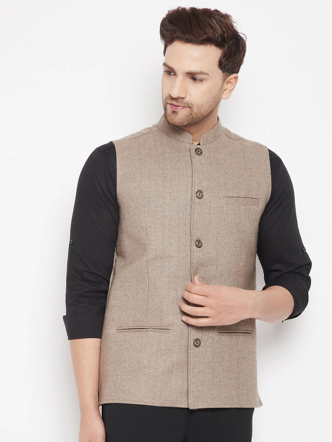 Even Apparels Beige Wool Men Woven Nehru Jacket - Distacart