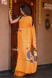 Thumbnail for Very Much Indian Handloom Pure Cotton Paithani Turmeric Yellow - Distacart