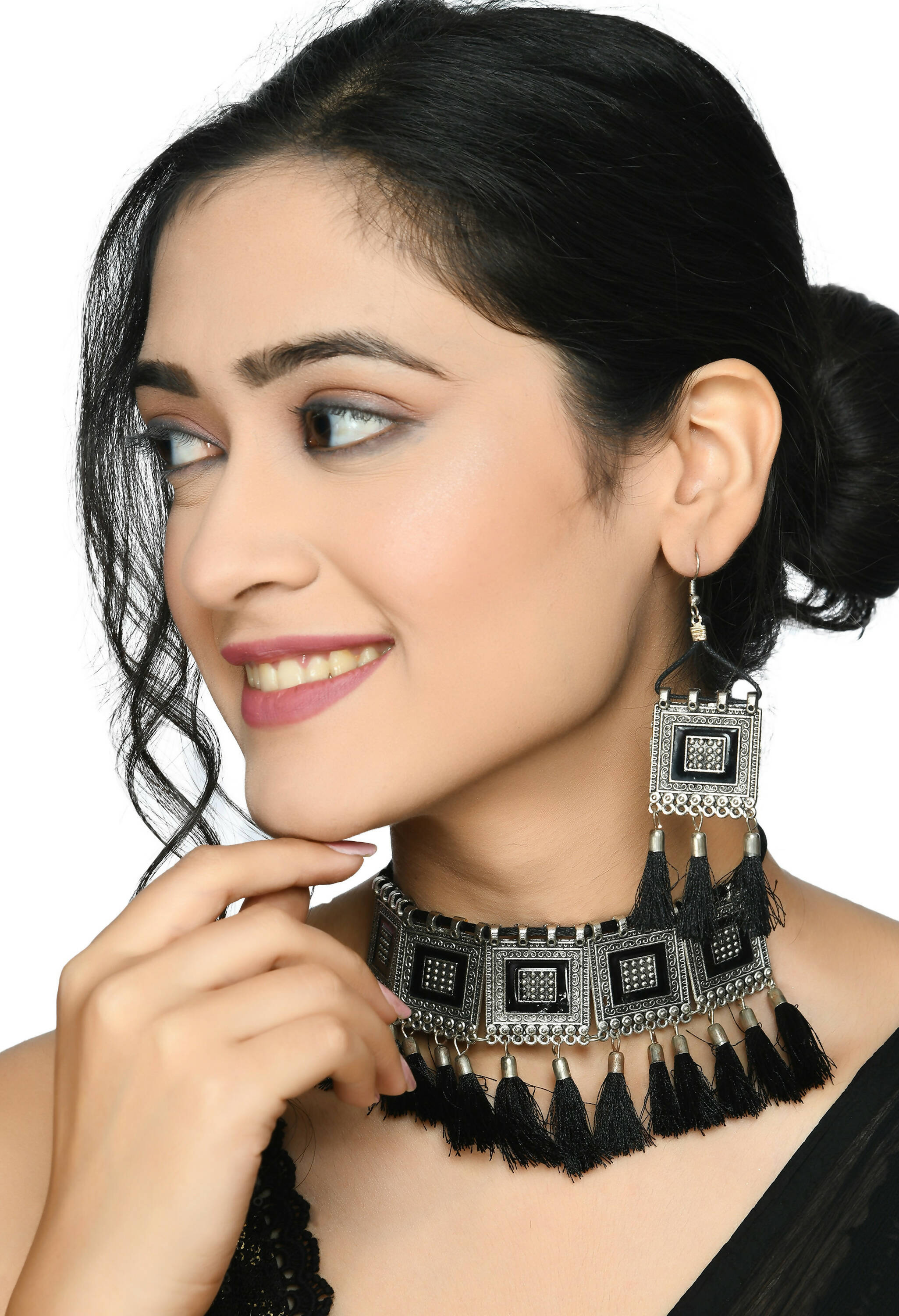 Mominos Fashion Johar Kamal Oxidised Silver-Plated Brass Finish Tassel Work Handicraft Choker For Women (Black) - Distacart