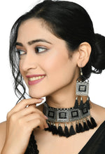 Thumbnail for Mominos Fashion Johar Kamal Oxidised Silver-Plated Brass Finish Tassel Work Handicraft Choker For Women (Black) - Distacart