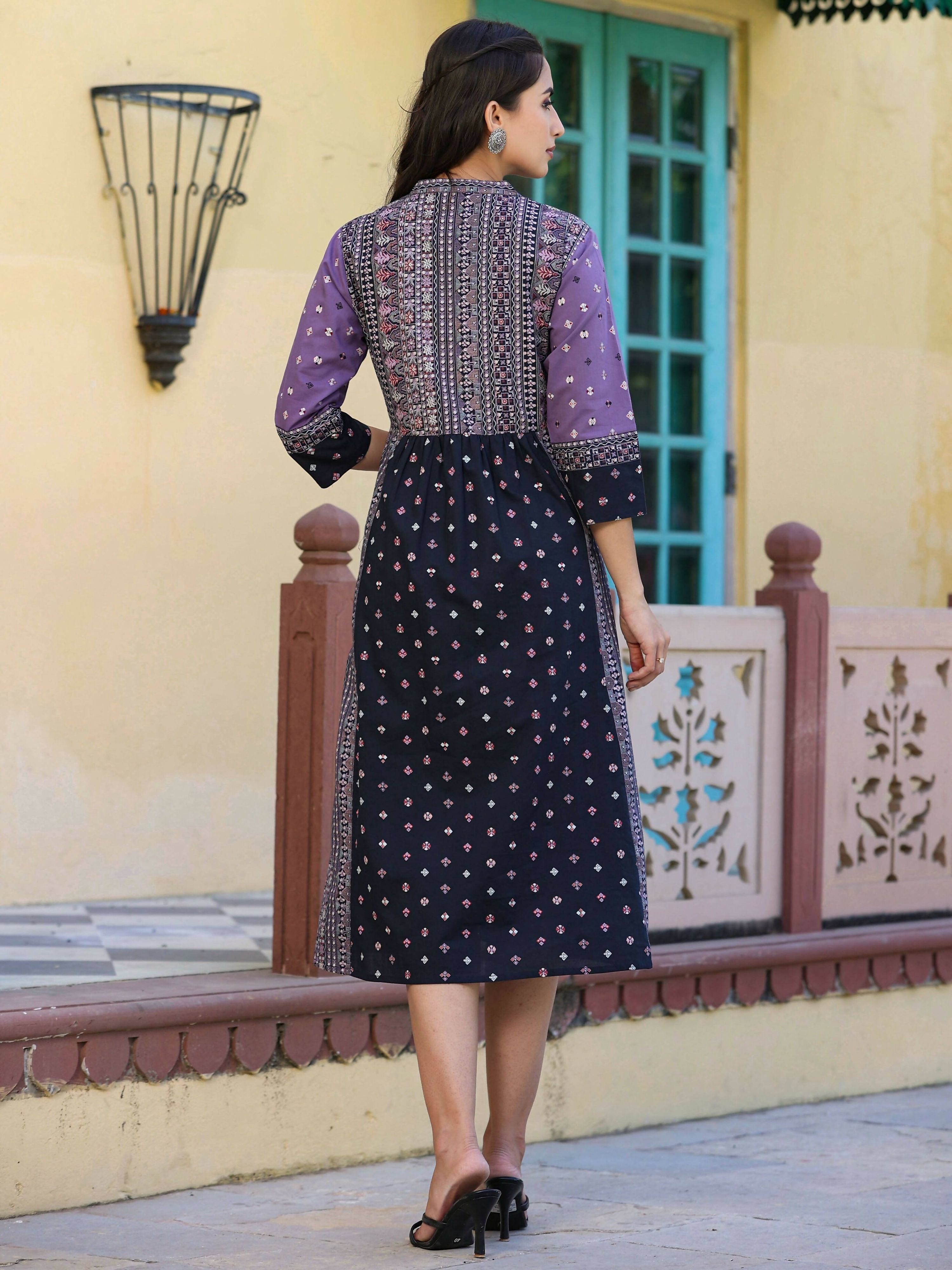 Juniper Women's Lavender Printed Embroidered Flared Dress - Distacart