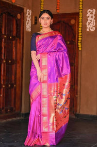 Thumbnail for Very Much Indian Raaga Handloom Pure Silk Gleaming Violet Paithani With Pink Border And Pallu - Distacart