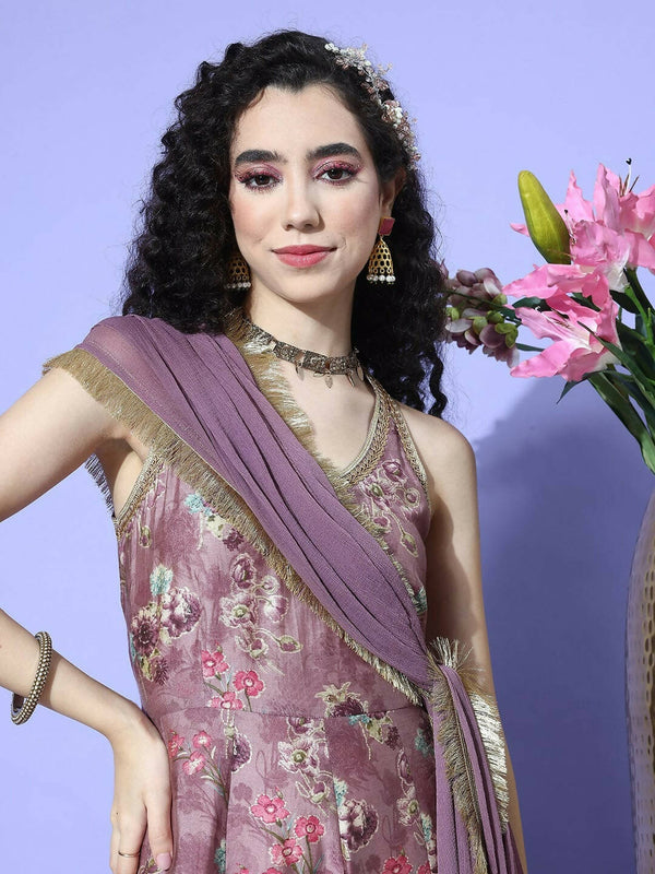 Varanga Purple Floral Printed Sequin Embellished V-Neck Anarkali Kurta With Flared Hem - Distacart