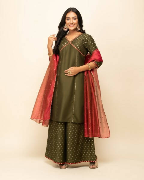 FIORRA Women's Green Silk Blend Straight Kurta Palazzo Set With Dupatta - Distacart