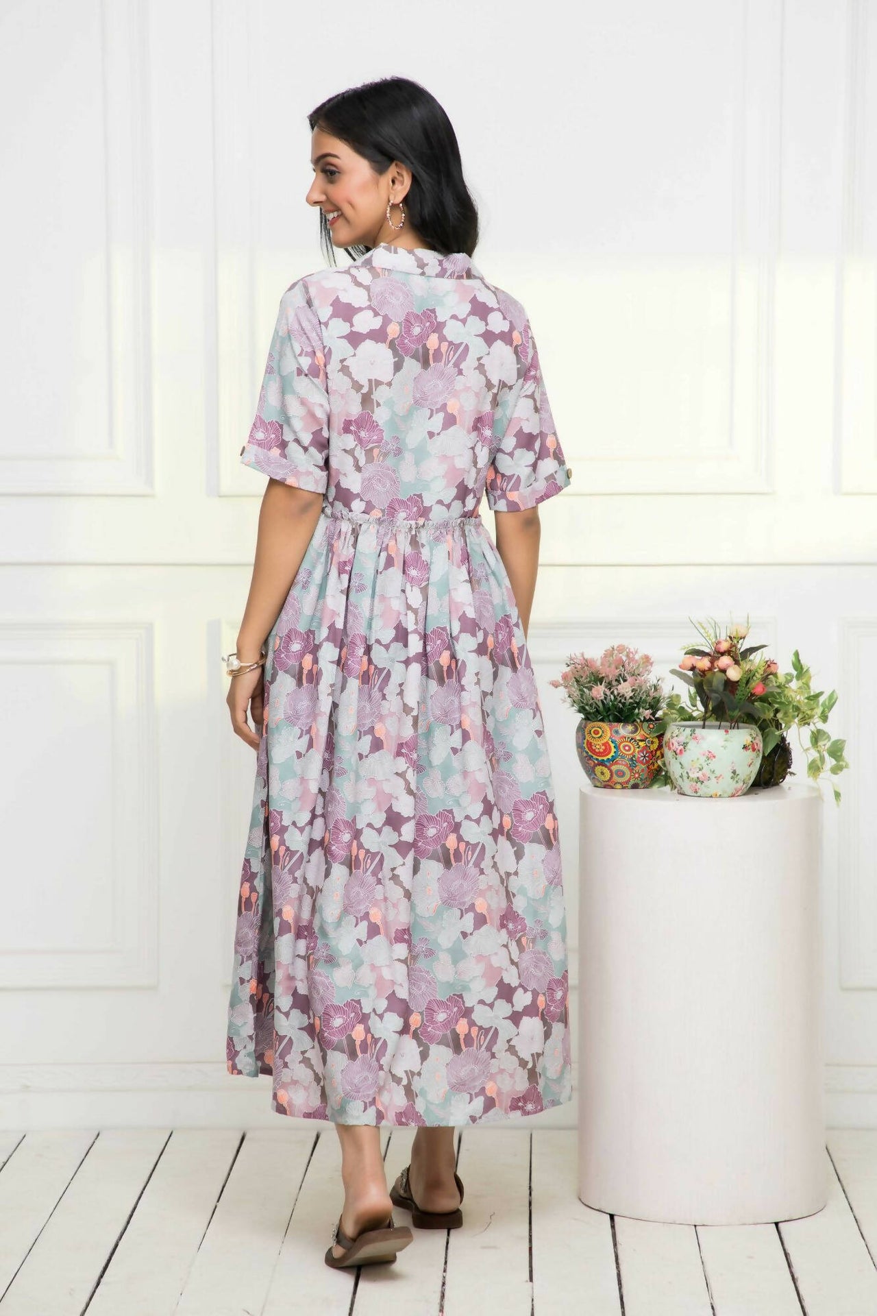 Myshka Women Multi-Floral Rayon A-Line V-Neck Dress - Distacart
