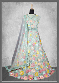 Thumbnail for Sea Green Net, Satin Silk Cord And Sequins Floral Embroidery Semi-Stitched Lehenga Choli - Nimaya Kangan - Distacart