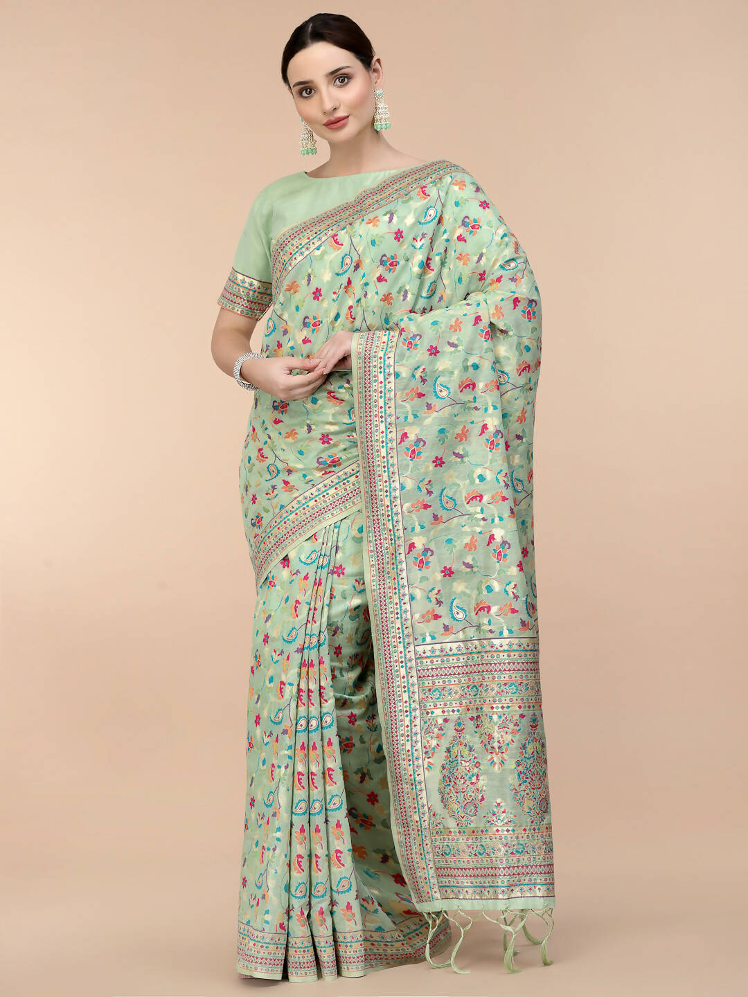 Sea Green Silk Blend Woven Design Saree With Unstitched Blouse Piece - Aloki - Distacart