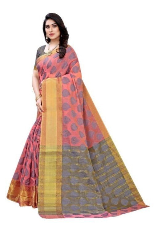 Vamika Pink Jari Work Cotton Silk Sarees