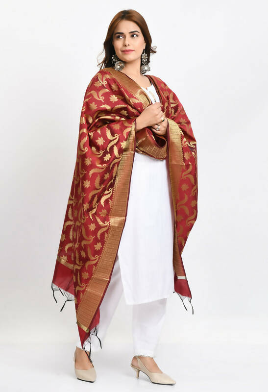 Mominos Fashion Moeza Women's Banarsi Silk Floral Woven Design Maroon Dupatta - Distacart