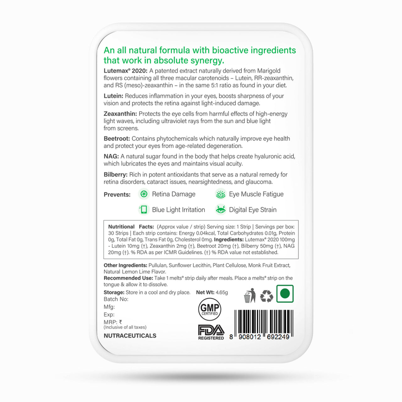 Wellbeing Nutrition Melts Eye Care Vitamins-Zesty Lime & Lemon Flavor - Distacart