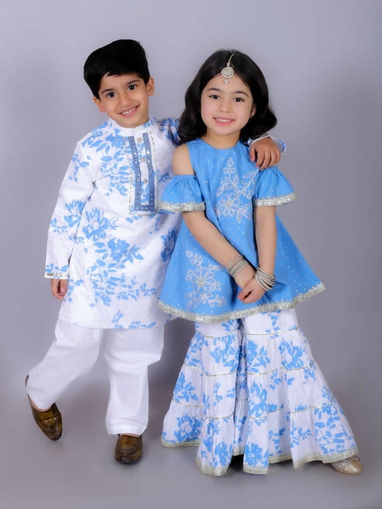 Lil Drama Ethnic Girls Blue Cotton Kurta with Sharara Set - Distacart