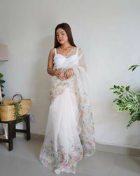 Thumbnail for Vamsee White Organza Saree - Distacart
