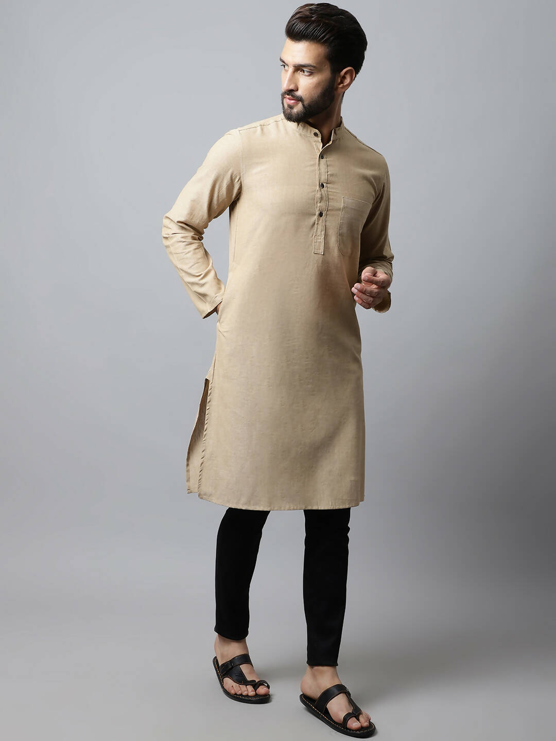 Even Apparels Beige Color Pure Cotton Men's Kurta With Band Collar (SLD1196) - Distacart