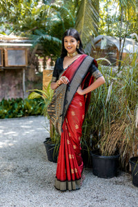 Thumbnail for Vishnu Weaves Women's Red Tussar Silk Zari Woven Saree with Blouse - Distacart