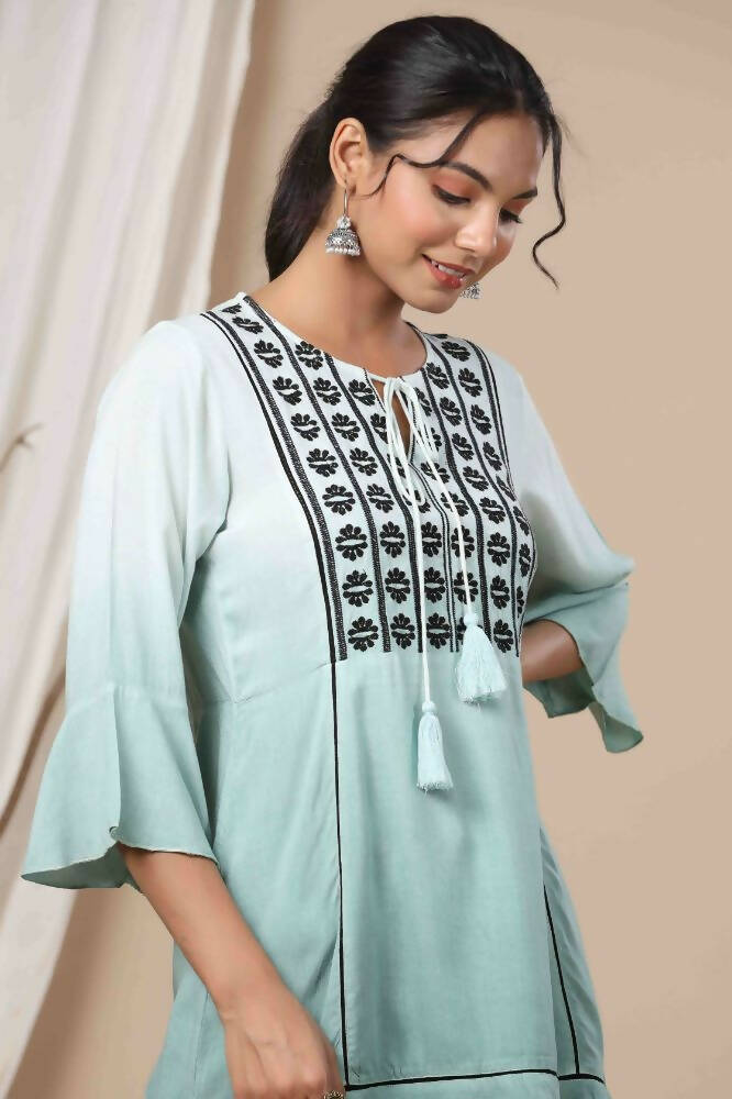 Juniper Sage Green Rayon Festive Embroidered Tiered Tunic For Women - Distacart