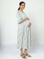 Thumbnail for Manet Three Fourth Maternity Dress Pink Floral Print With Concealed Zipper Nursing Access - Green - Distacart