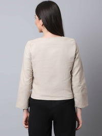 Thumbnail for Even Apparels Cream Linen Cotton Open Front Statement Women's Jacket - Distacart