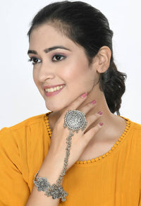 Thumbnail for Mominos Fashion Kamal Johar Oxidised Silver-Plated Floral Design Bracelet