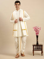 Thumbnail for Ramraj Cotton Premium Wedding Cream Readymade Panchakacham,Kurta & Towel Set RP Jari - Distacart