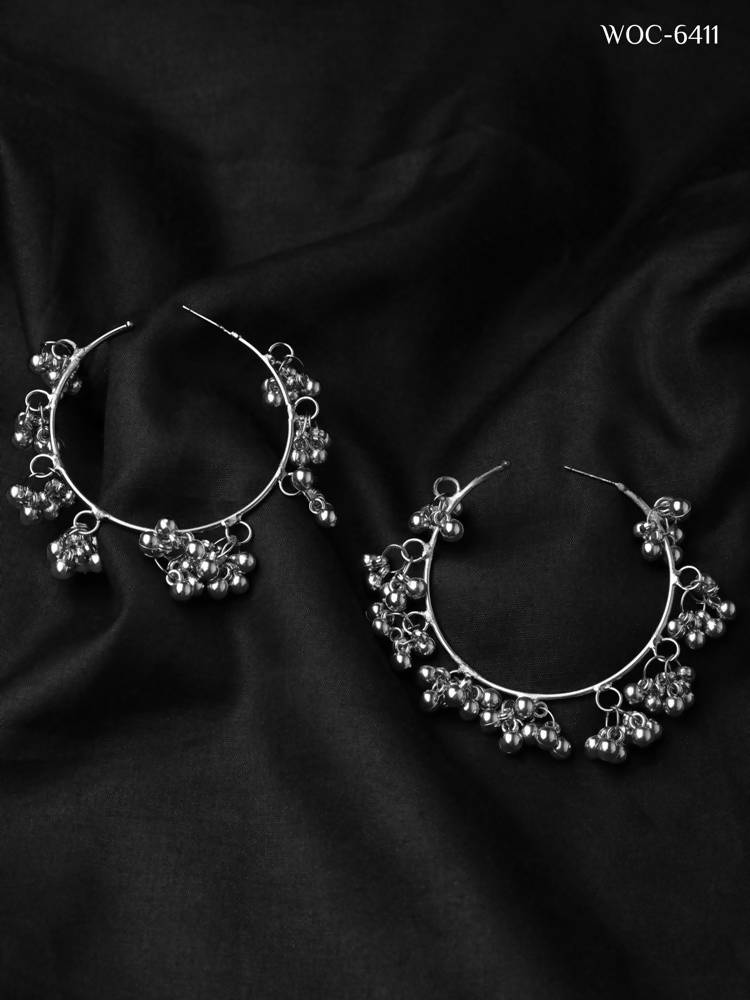 Mominos Fashion Johar Kamal Silver Parrot Hoops and Ghungroo Bali Combo Earrings