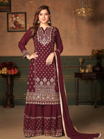 Thumbnail for Myra Maroon Faux Georgette Embroidered Sharara Suit - Distacart