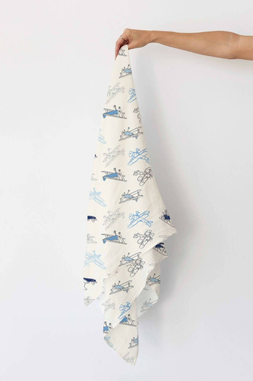 Kindermum Organic Cotton Muslin Swaddle Blanket 100 Cm X 100 Cm - Set Of 2 - Transport And Aviator - Distacart