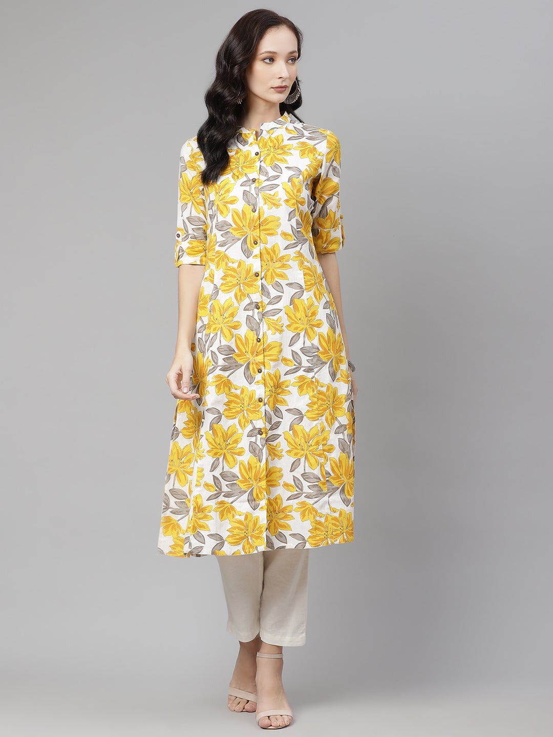 Wahe-NOOR Women's Yellow Floral Print Pure Cotton A-Line Kurta - Distacart