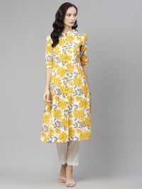 Thumbnail for Wahe-NOOR Women's Yellow Floral Print Pure Cotton A-Line Kurta - Distacart