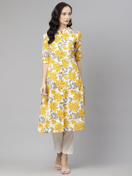 Wahe-NOOR Women's Yellow Floral Print Pure Cotton A-Line Kurta - Distacart