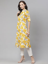 Thumbnail for Wahe-NOOR Women's Yellow Floral Print Pure Cotton A-Line Kurta - Distacart
