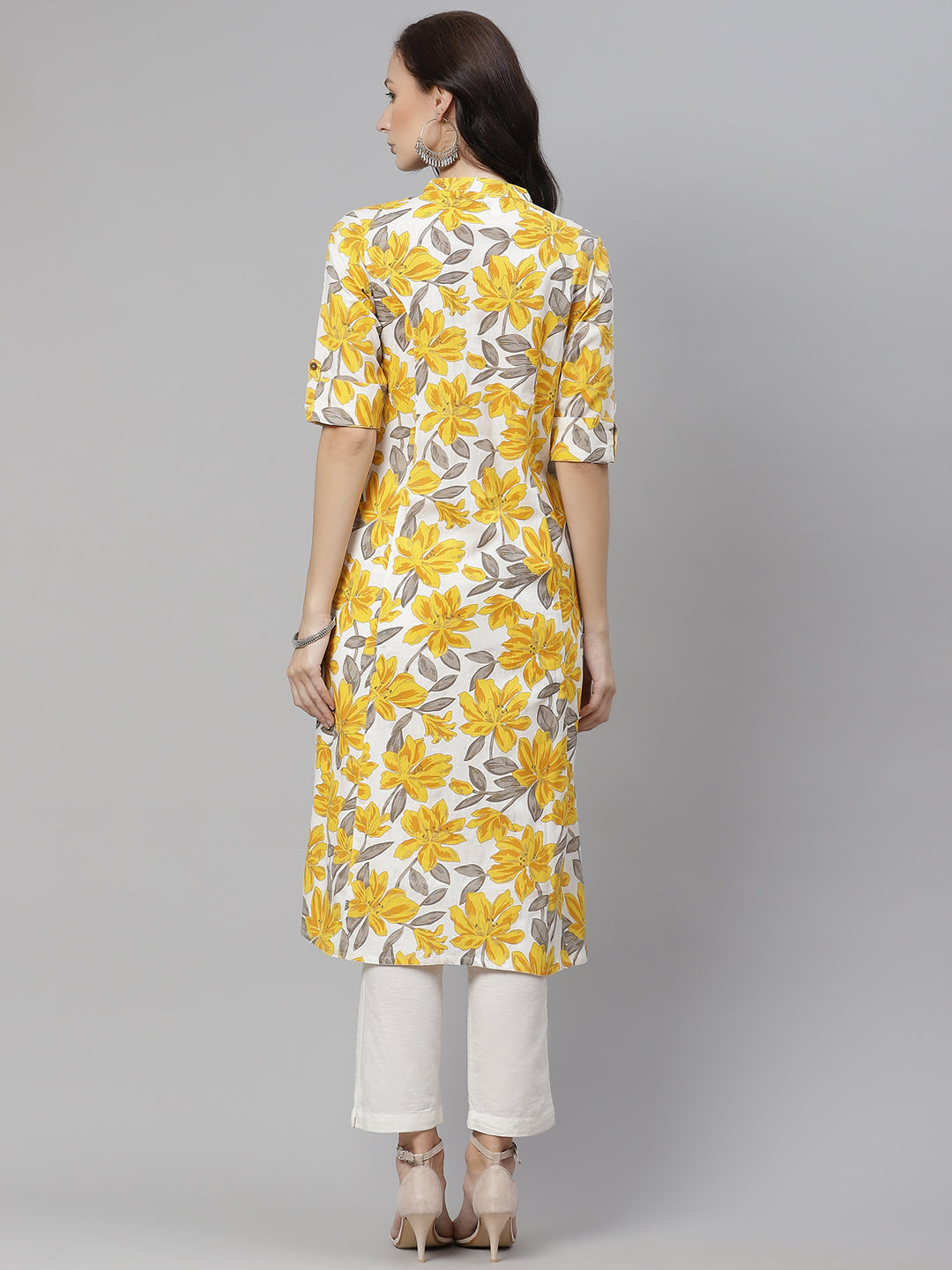 Wahe-NOOR Women's Yellow Floral Print Pure Cotton A-Line Kurta - Distacart