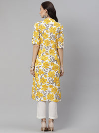 Thumbnail for Wahe-NOOR Women's Yellow Floral Print Pure Cotton A-Line Kurta - Distacart