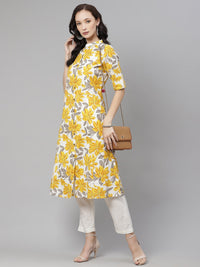 Thumbnail for Wahe-NOOR Women's Yellow Floral Print Pure Cotton A-Line Kurta - Distacart