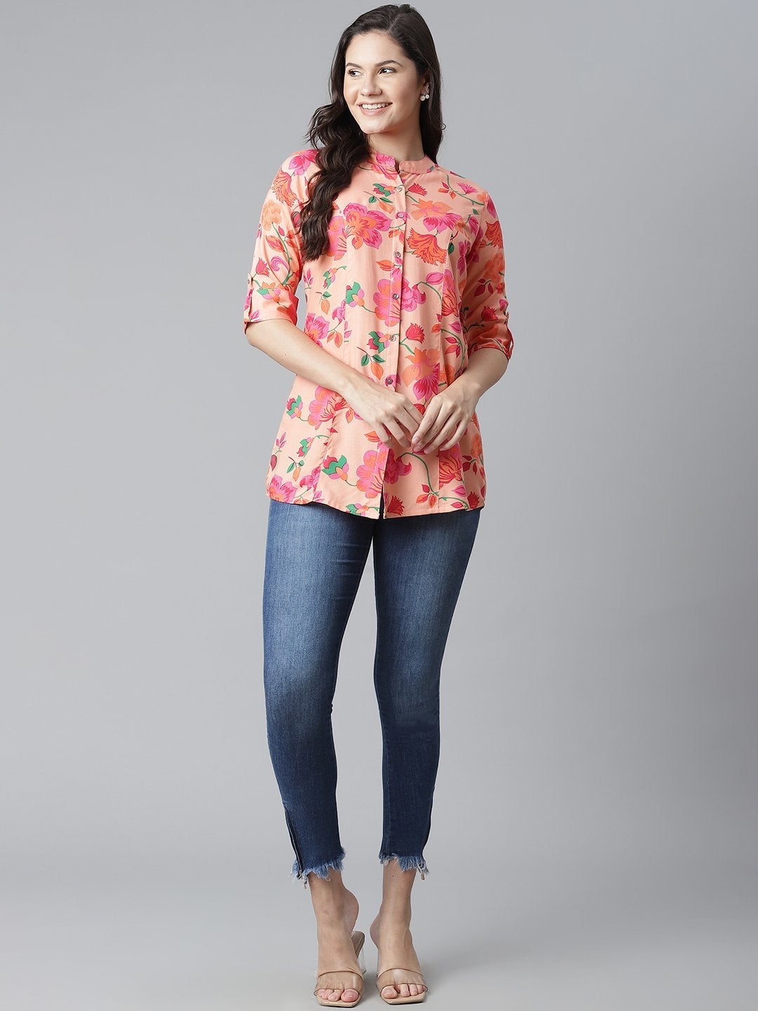 NOZ2TOZ Women's Rayon Peach Floral Print Top - Distacart