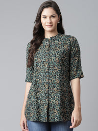 Thumbnail for NOZ2TOZ Women's Navy Blue Green Rayon Printed Top - Distacart