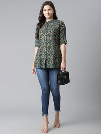 Thumbnail for NOZ2TOZ Women's Navy Blue Green Rayon Printed Top - Distacart