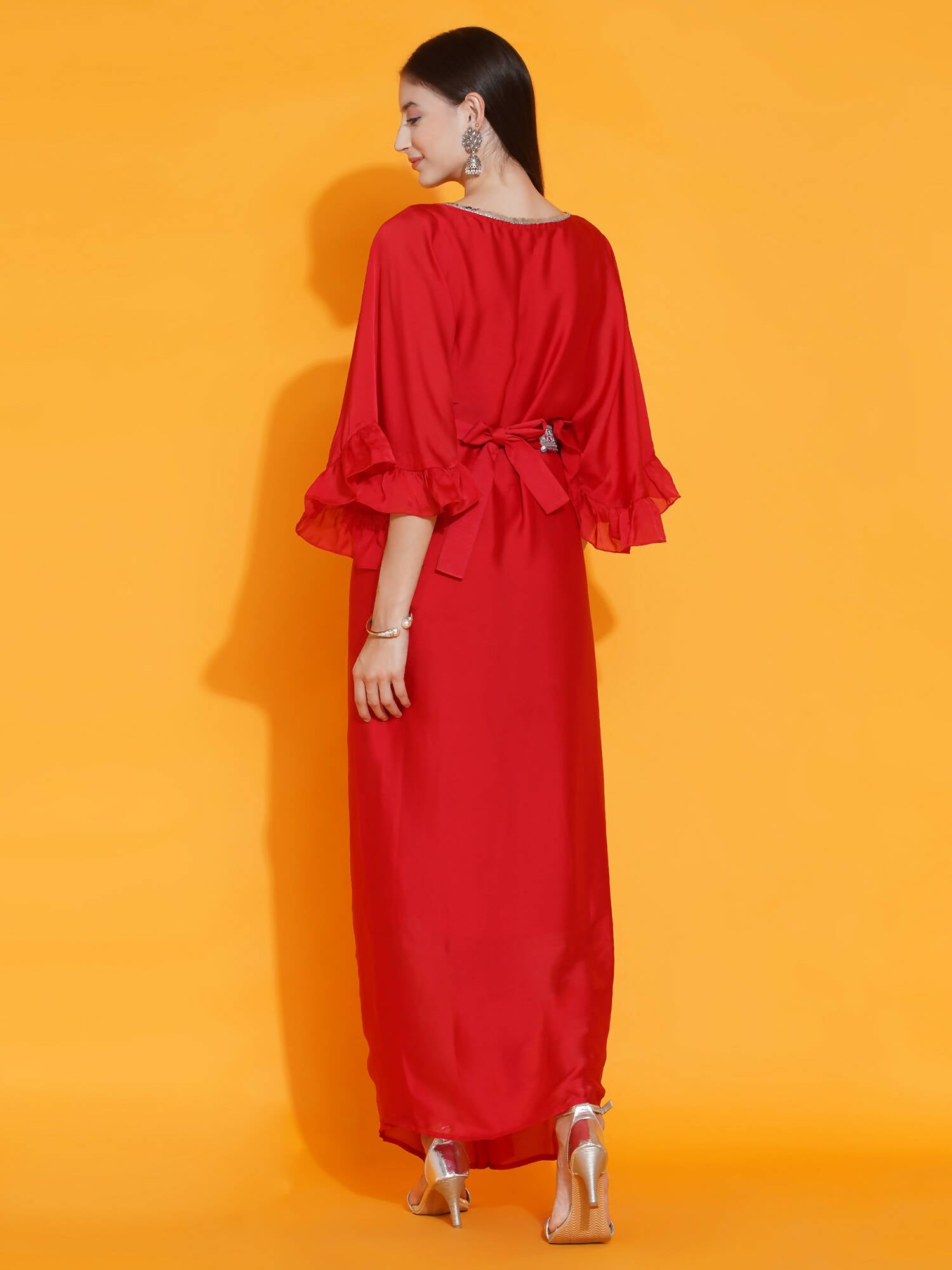 Women Republic Red Georgette Gown With Embellished Belt - Distacart