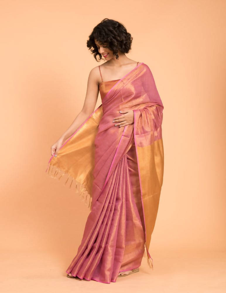 Suta Pink Golden Solid Woven Design Zari Saree - Distacart
