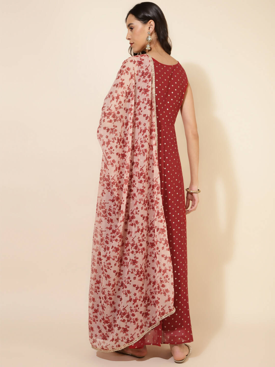 Janasya Women's Red Georgette Foil Printed Festive Anarkali Kurta Set - Distacart