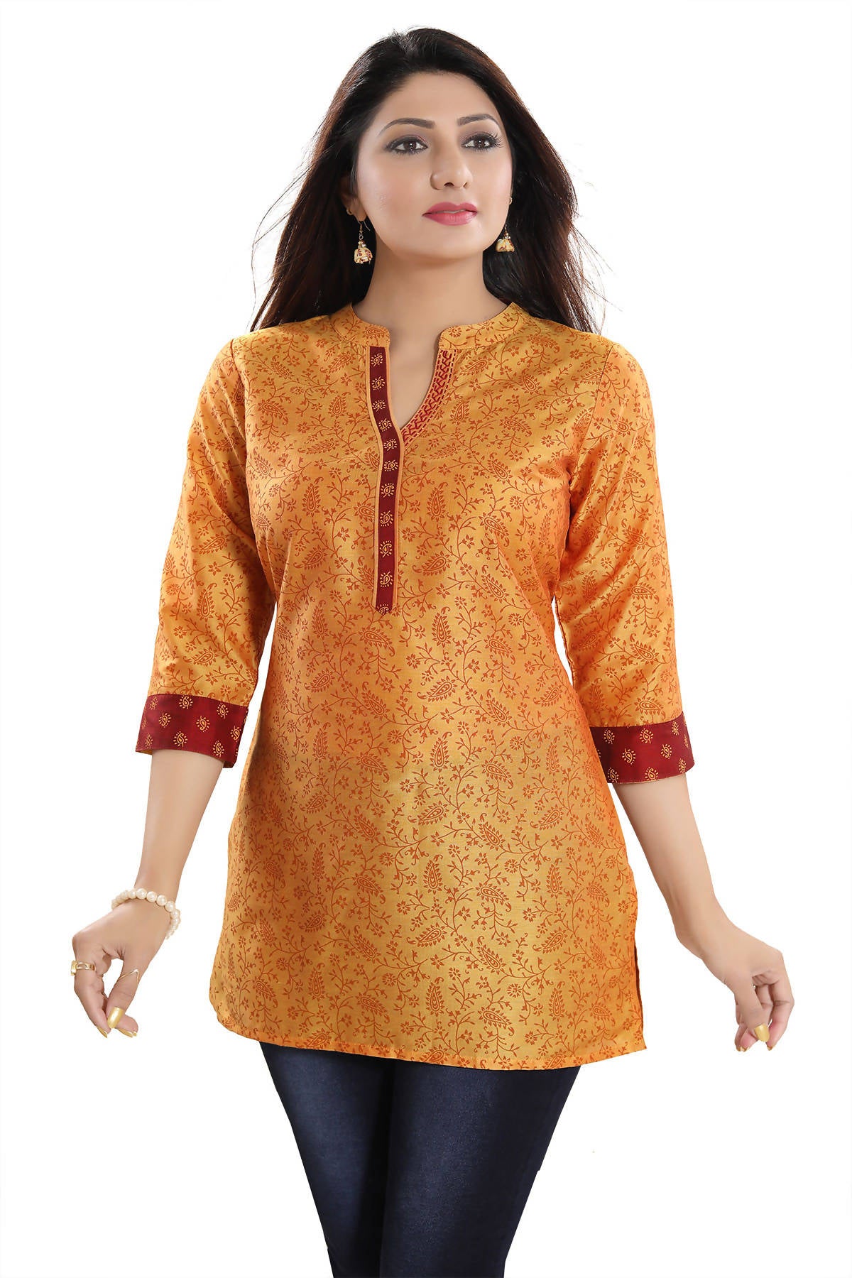 Snehal Creations Luxurious Fine Fire Gold Cotton Silk Short Tunic - Distacart