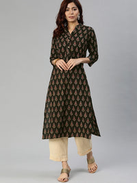 Thumbnail for Wahe-NOOR Women's Black Buti Print Cotton Kurta - Distacart