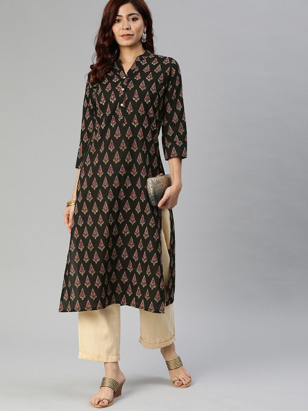 NOZ2TOZ Women's Black Buti Print Cotton Kurta - Distacart