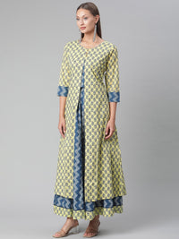 Thumbnail for Wahe-NOOR Women's Yellow Shurg Style Cotton Kurta With Skirt - Distacart